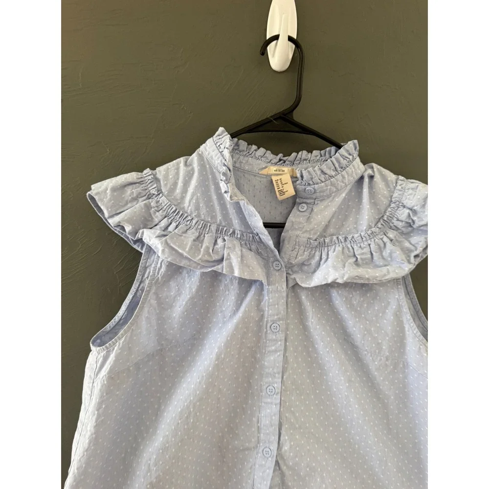 HM Womens‎ Blue Pinstripe Polka Dot Ruffle Sleeveless Blouse Top 10 Coquette